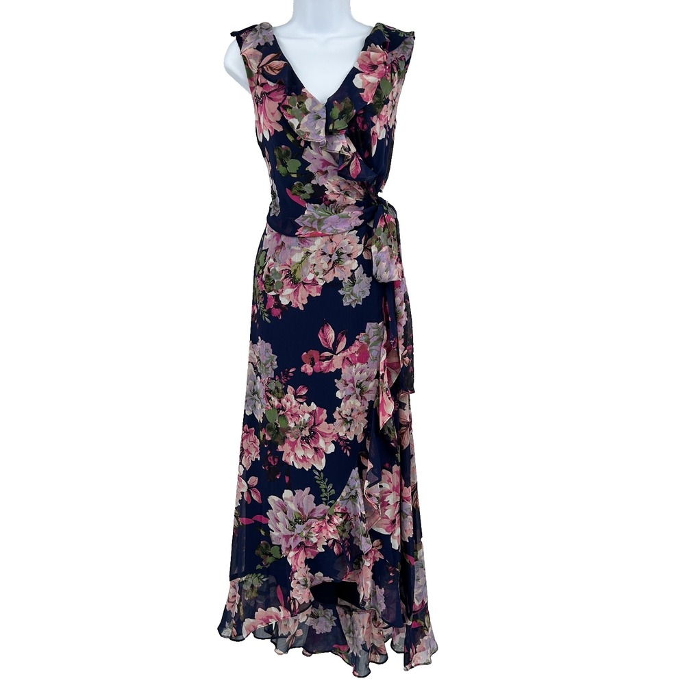 Garden Floral Faux Wrap Blouson Midi Dress Womens 12 Fairy Romantic Ethereal